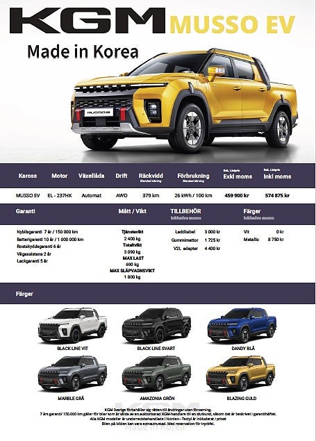 KGM Musso EV 100 % elektrisk pickup med 4x4 237hk 379km skatt 360kr