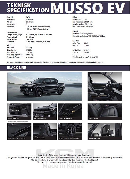 KGM Musso EV 100 % elektrisk pickup med 4x4 237hk 379km skatt 360kr