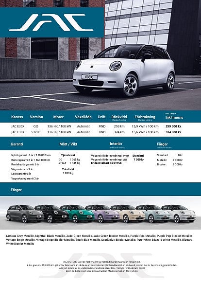 JAC E30X STYLE 136HK / 100 kW Automat 51.5 kWh 100% EL Räckvidd 37.4MIL