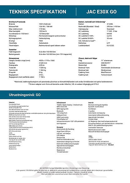 JAC E30X STYLE 136HK / 100 kW Automat 51.5 kWh 100% EL Räckvidd 37.4MIL