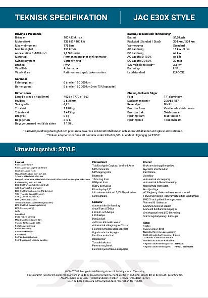 JAC E30X STYLE 136HK / 100 kW Automat 51.5 kWh 100% EL Räckvidd 37.4MIL